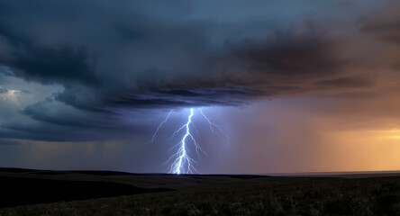 An intense lightning strike illuminates the sky while heavy clouds signal a rapidly approaching storm
