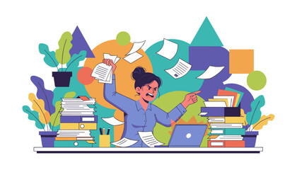 Overwhelmed worker explodes in anger surrounded by paper chaos and demanding deadlines
