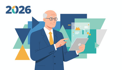 Professional executive uses a tablet to review 2026 business and finance goals