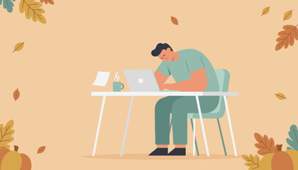 Autumn burnout Tired man working remotely on a laptop surrounded by fall leaves and pumpkins