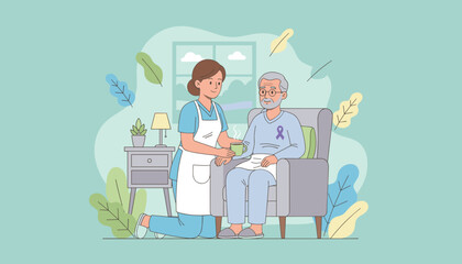 Compassionate caregiver serving hot drink to elderly patient at home illustrating health support