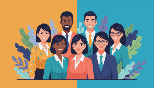 Diverse team of smiling professionals illustration representing teamwork inclusion and corporate success