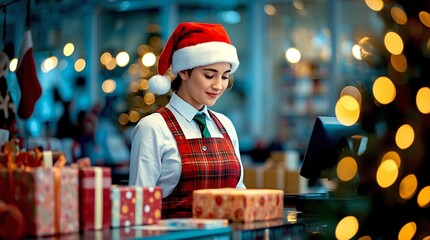 Obraz premium Young female shop worker in a Santa hat operating a checkout counter surrounded by wrapped Christmas gifts and warm festive lights inside a beautifully decorated holiday store.