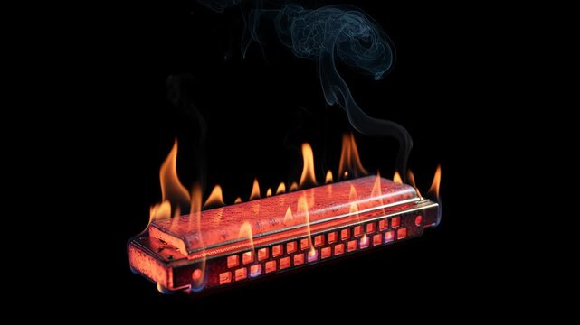 A harmonica surrounded by bright orange flames with smoke swirling upward, set against a dark black background. The image conveys themes of passion, energy, and creativity.
