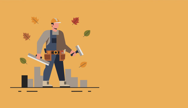 Construction worker holding tools ready for autumn home renovation and repair projects Flat vector