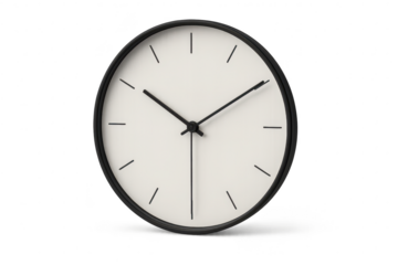 Analog clock with white face and black frame isolated on transparent background