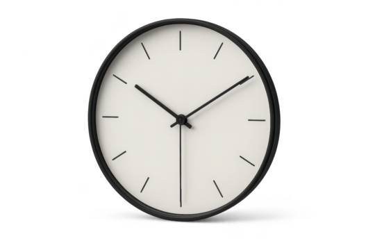 Analog clock with white face and black frame isolated on transparent background