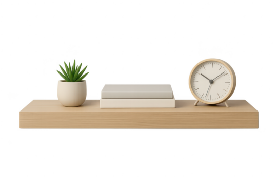 Modern home decor with clock, plant and books on shelf isolated on transparent