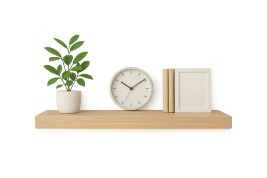 Stylish wall shelf with plant, clock, books and frame, isolated, transparent - Powered by Adobe