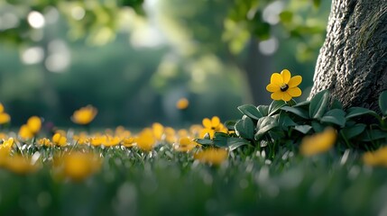 Close-up of yellow flowers growing on a grassy lawn next to a tree trunk. The scene is bathed in sunlight, creating a peaceful and natural atmosphere.