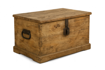 Antique wooden chest isolated on transparent background, vintage trunk style