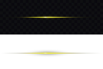 Glowing horizontal gold light line with radiant shine and beam effect. Glowing gold line,...