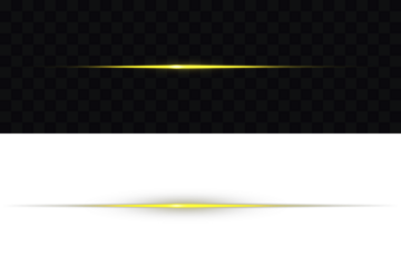 Glowing horizontal gold light line with radiant shine and beam effect. Glowing gold line, horizontal light rays, flash. Bright gold light streak & starburst on black. Isolated design elements PNG.