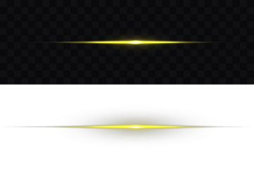 Horizontal Rays of yellow light on transparent background. Glowing gold line, horizontal light rays, flash. Glowing horizontal gold light line with radiant shine and beam effect. Glowing long line.