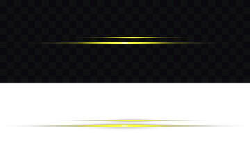 Glowing gold line, horizontal light rays, flash. Isolated design elements PNG. Glowing horizontal gold light line with radiant shine and beam effect. Bright gold light streak & starburst on black.
