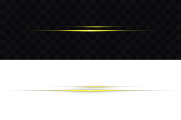 Glowing gold line, horizontal light rays, flash. Isolated design elements PNG. Glowing horizontal gold light line with radiant shine and beam effect. Bright gold light streak & starburst on black.