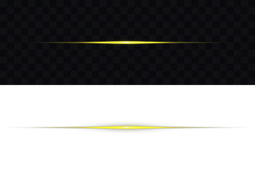 Horizontal Rays of yellow light on transparent background. Glowing gold line, horizontal light rays, flash. Glowing horizontal gold light line with radiant shine and beam effect. Glowing long line.
