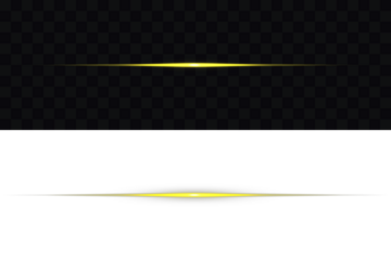 Horizontal Rays of yellow light on transparent background. Glowing gold line, horizontal light rays, flash. Glowing horizontal gold light line with radiant shine and beam effect. Glowing long line.