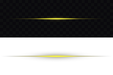 Glowing gold line, horizontal light rays, flash. Horizontal Rays of yellow light on transparent background. Glowing Laser Beams png. Bright gold light streak & starburst on black. Glowing long line.