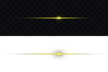 Glowing Laser Beams png. Glowing long line. Glowing horizontal gold light line with radiant shine and beam effect. Yellow light rays, Neon line futuristic energy sign, Flare light, laser beam effect.