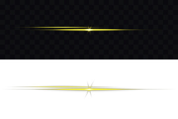 Glowing long line. Glowing gold line, horizontal light rays, flash. Glowing Laser Beams png. Horizontal Rays of yellow light on transparent background. Bright gold light streak & starburst on black.