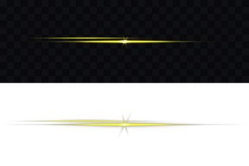 Glowing long line. Glowing gold line, horizontal light rays, flash. Glowing Laser Beams png. Horizontal Rays of yellow light on transparent background. Bright gold light streak & starburst on black.