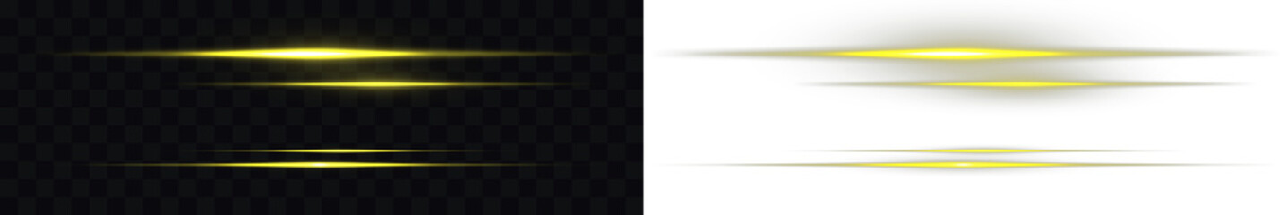 Glowing horizontal gold light line with radiant shine and beam effect. Glowing gold line, horizontal light rays, flash. Horizontal Rays of yellow light on transparent background. Glowing long line.