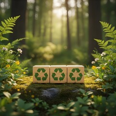 Recycle Eco Nature highlights wooden blocks on mossy ground