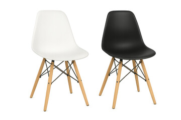 Modern Eames style white and black chairs isolated on transparent background