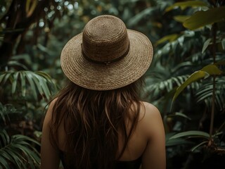 Woman Jungle Nature creates serene moment in tropical foliage