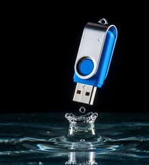 Usb Flash Drive hovers above water creating splash