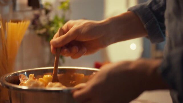 In a cozy kitchen, someone is stirring colorful fresh vegetables in a bowl, preparing to cook a healthy meal. The scene captures the essence of home cooking