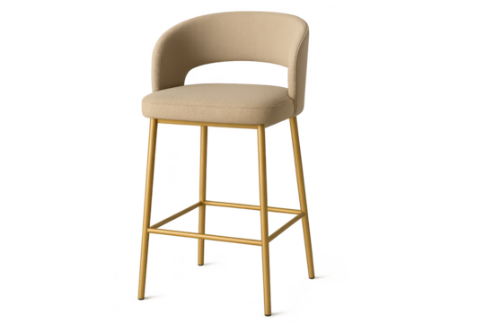 Elegant beige upholstered bar stool with gold legs isolated on transparent background