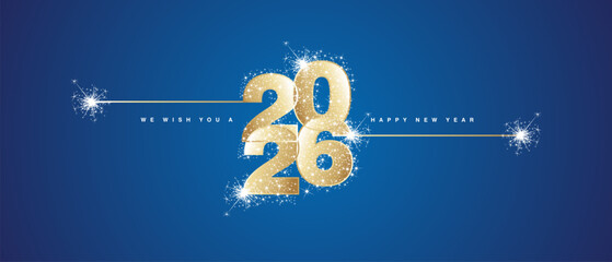 Obraz na płótnie Canvas Happy New Year 2026 eve loading line design art numbers logo with sparkle fireworks stardust gold white blue light vector wallpaper greeting card