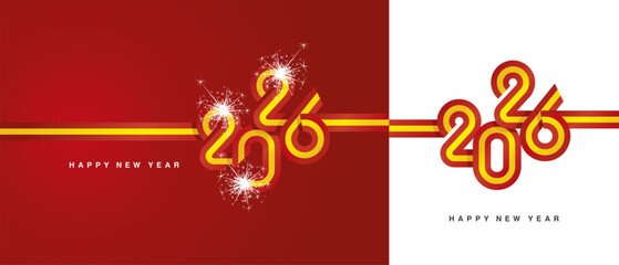 New Year 2026 flag ribbon typography lettering. Abstract red yellow flag of Spain in the shape of 2026 logo with sparkle firework isolated on white and red background