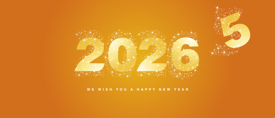 New Year 2026 white yellow shining bold typography logo with many stars and stardust in the shape of 2026 over all. end of 2025 and beginning of a new year white yellow orange background greeting card