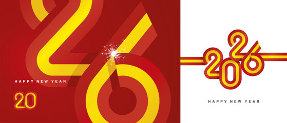 Happy New Year 2026. Combination of small and large typography in the shape of a Spain ribbon for the year 2026. Abstract red yellow ribbon flag with sparkling fireworks on a red and white background