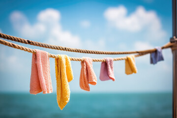 Colorful towels drying on rigging ropes of sailboat with blue sky and ocean in background, evoking relaxed summer vacation mood