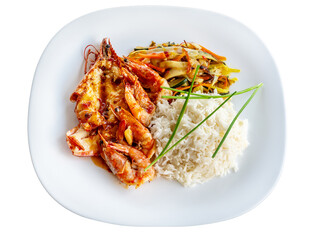 Grilled shrimp served with fragrant jasmine rice and sauteed vegetables, showcasing vibrant colors and delicious textures in a culinary presentation