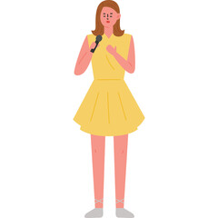Young Woman In A Yellow Dress Holding A Microphone With A Determined Expression On Her Face Against A Transparent Background