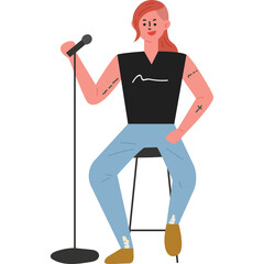 Young Woman With Red Hair In A Black Tank Top And Blue Jeans Sitting On A Stool Holding A Microphone On A Transparent Background Performing Music