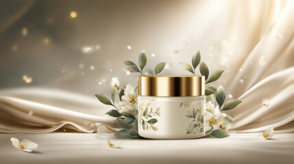 Cosmetic cream jar with floral design, perfect for beauty and skincare advertising. This elegant image shows a cream jar surrounded by flowers, ideal for promoting beauty products and wellness