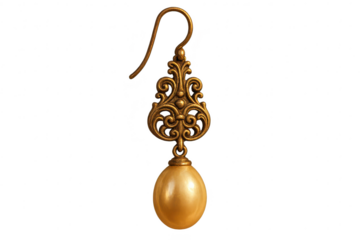 Ornate antique bronze earring with a creamy pearl, isolated on transparent background