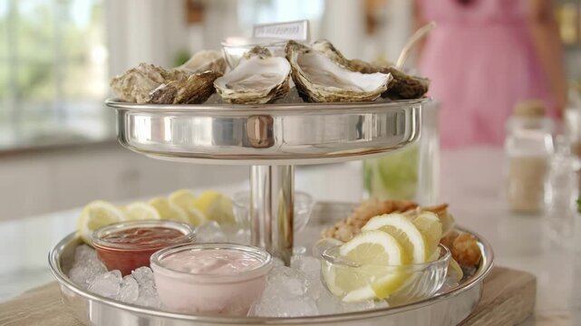 Medium shot of a home kitchen scene where a person artfully prepares a personalized seafood platter with diverse shellfish and dipping sauces.