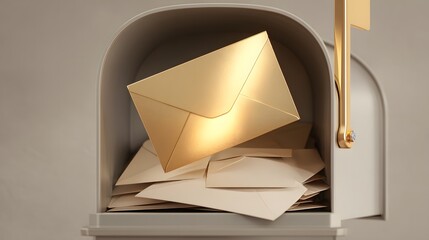 Open mail box with golden envelope on grey background. Mailbox with envelopes in front of a gray wall