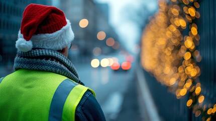 Construction worker wearing a Santa hat and safety vest standing on a city street decorated with festive Christmas lights during the holiday season, with traffic and urban bokeh in the background.