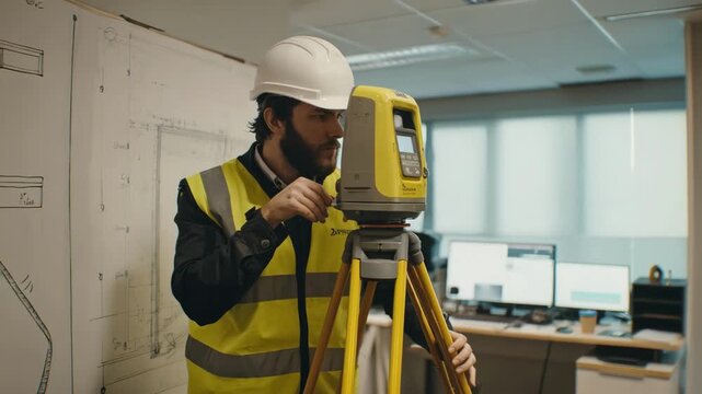 Medium shot of a technician operating a laser scanner to capture detailed building dimensions for accurate mapping and quality control