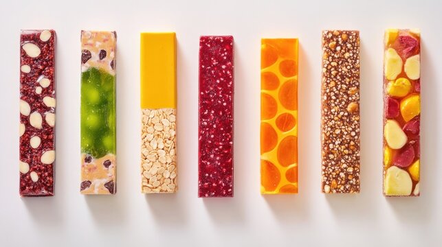 A variety of colorful snack bars arranged aesthetically on a light background.