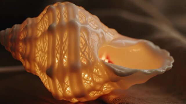 Close-up of a glowing conch shell, illuminated from within, creating a warm and inviting ambiance.