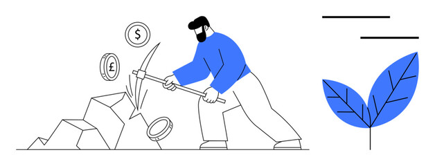 Man using a pickaxe to dig coins with dollar, euro, and pound symbols beside a leaf. Ideal for finance, investment, hard work, sustainability, resourcefulness economy financial strategy. Simple
